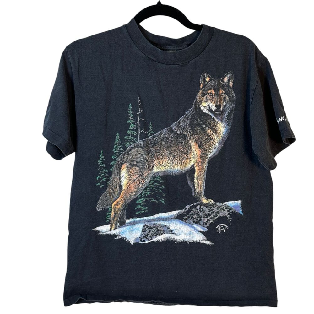 TSF Vintage USA Wolf Graphic Shirt Single Stitch Black Short Sleeve Men's Medium